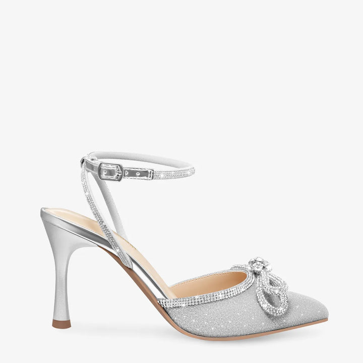 Cienna Bow Rhinestone Silver Pointed Toe Pumps