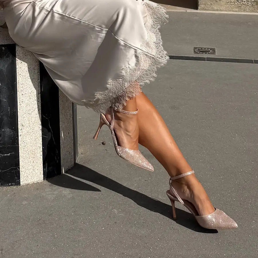 PIZZ ANNU Cienna Glitter Mesh Champagne Pointed Toe Pumps