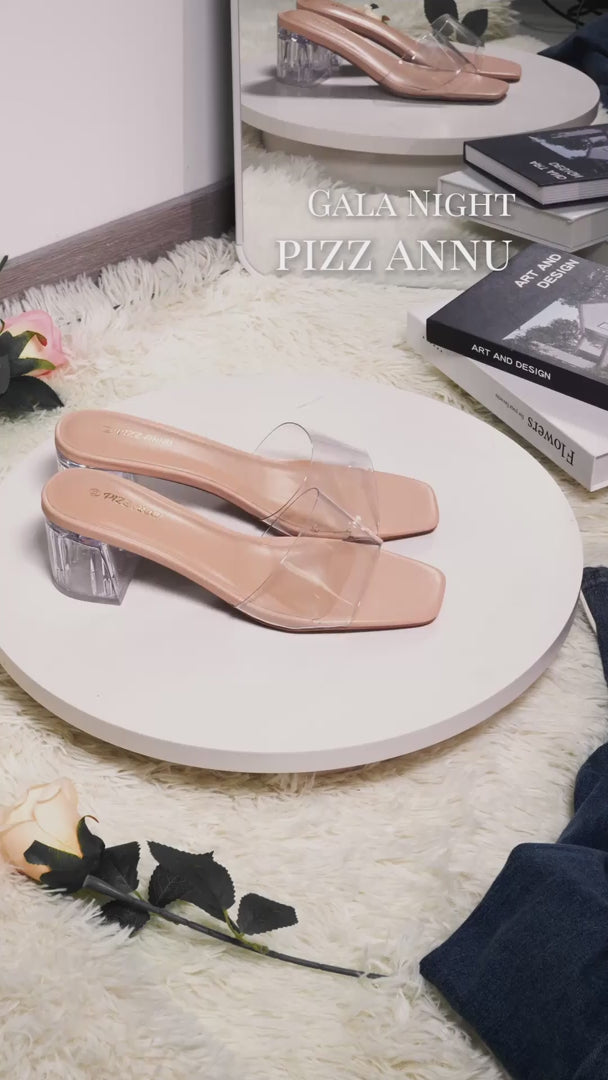 Elara Clear Nude Square Block Heel Mules